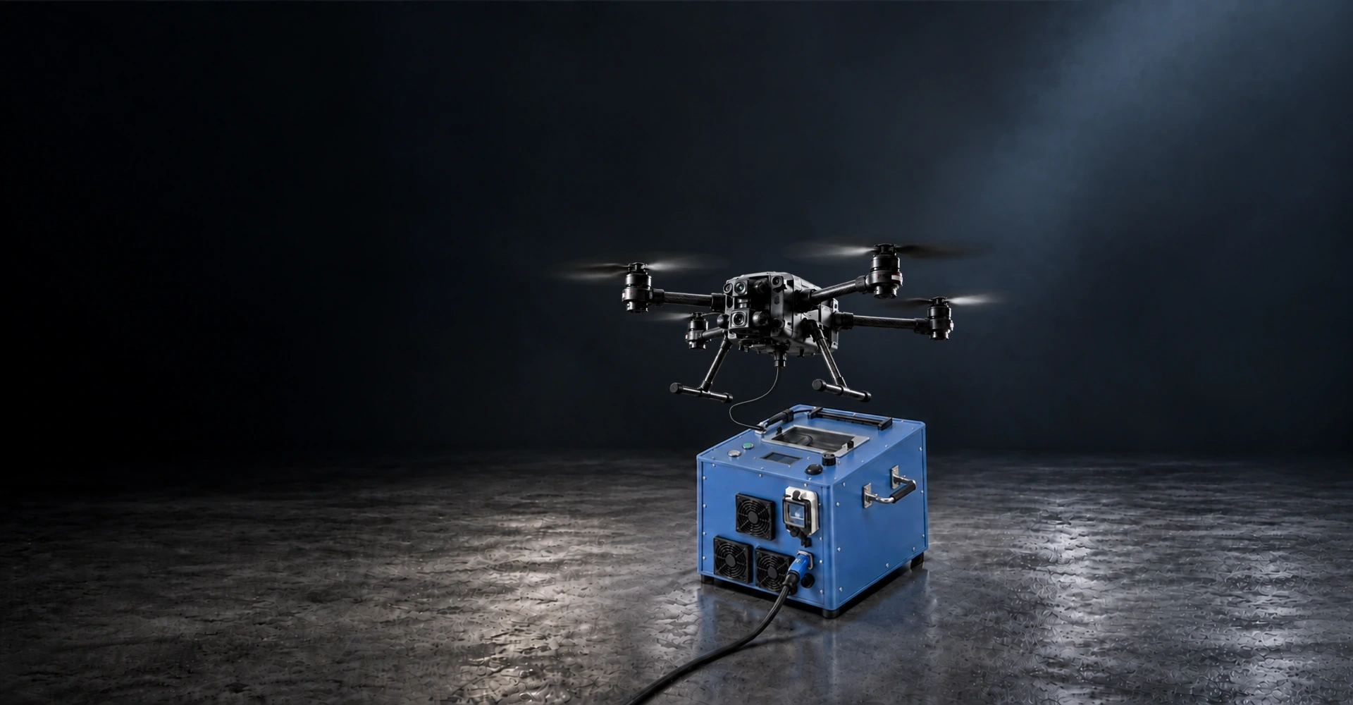 Industrial drone connected to a blue ground power station